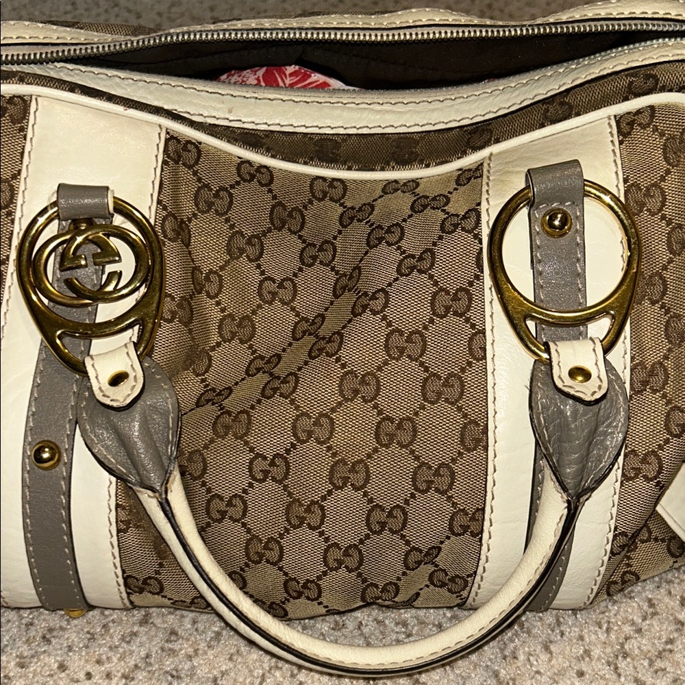Gucci Brown and Cream Satchel with Gold Accents